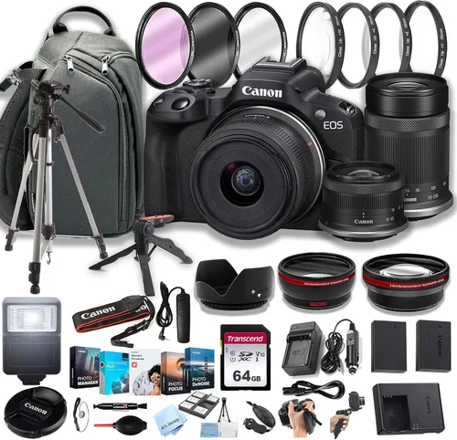 Canon Cámara digital sin espejo EOS R50 con RF-S 0.709-1.772 in f/4.5-6.3 es lente STM + lente 2.165-8.268 in f/5-7.1 es STM + tarjetas de memoria