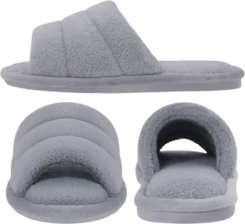 Miniatura 3 de shevalues Pantuflas de tela de rizo con punta abierta para mujer, pantuflas de espuma viscoelástica