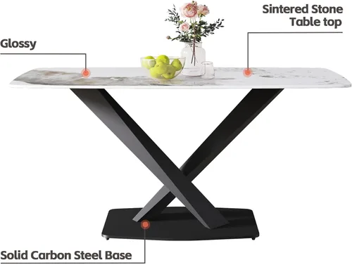 Miniatura 5 de Mesa de comedor moderna, mesa de comedor de piedra sinterizada blanca antigua con base de acero al carbono sólido en forma de X, mesa de comedor