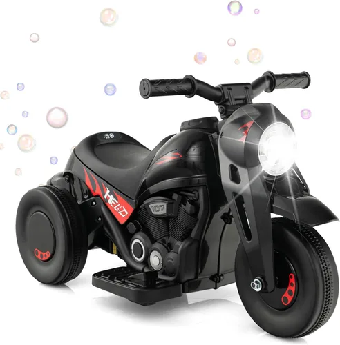 HONEY JOY Motocicleta de paseo de 6 V con fabricante de burbujas, luz LED, música, pedal de pie, adelante/atrás, motocicleta eléctrica de 3 ruedas