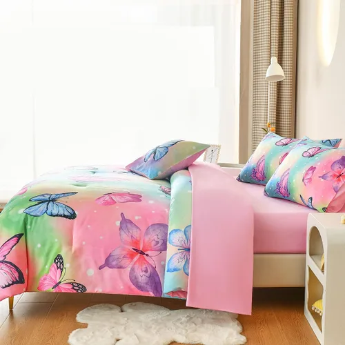 Miniatura 8 de Juego de edredón individual de 6 piezas para niñas, ropa de cama de mariposa rosa, juegos de edredón de mariposa con sábanas para niños