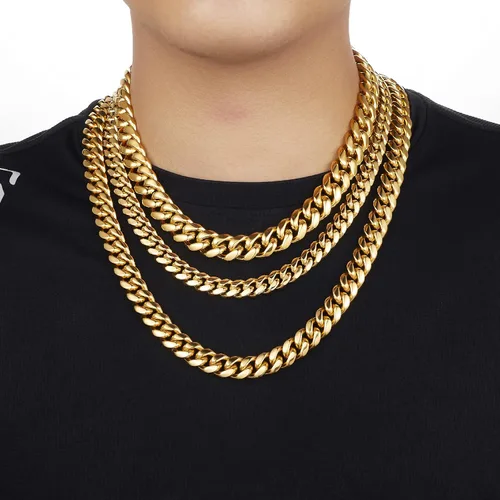 Miniatura 2 de GUQILA Cadena de eslabones cubanos para hombre, acero inoxidable, chapado en oro de 18 quilates, collar de cadena cubana de Miami, plata hip-hop