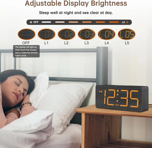 Miniatura 4 de DreamSky Reloj despertador digital de madera para dormitorio, reloj despertador fuerte para personas que duermen mucho con control de volumen