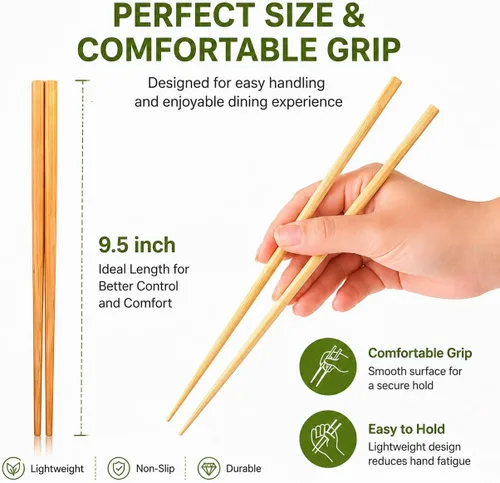 Miniatura 3 de Juego de palillos de madera de bambú chino natural de 9.5 pulgadas, reutilizables, estilo clásico, palillos de madera (5 pares)