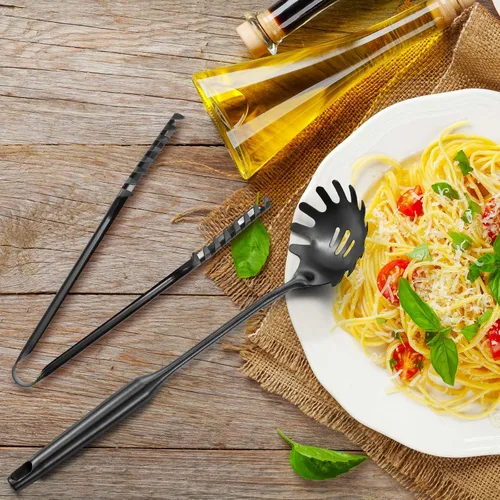 Miniatura 5 de Patelai Juego de cuchara de espagueti y pinzas para pasta, herramientas de servicio de fideos de mango largo con orificios de drenaje, agarre Negro