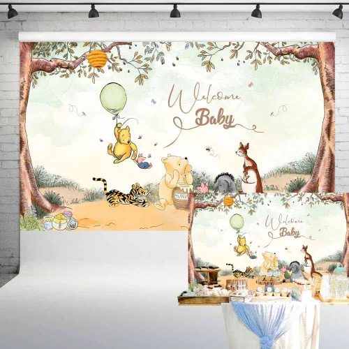 Miniatura 6 de Welcome Baby Pooh Bear - Telón de fondo clásico verde para baby shower, decoración de fiesta de cumpleaños de recién nacido, 7 x 5 pies, 166