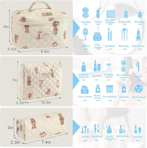 Miniatura 4 de Juego de 3 bolsas de maquillaje acolchadas de algodón, bolsa de cosméticos de algodón floral, bolsa organizadora de viaje para mujeres y niñas (oso)