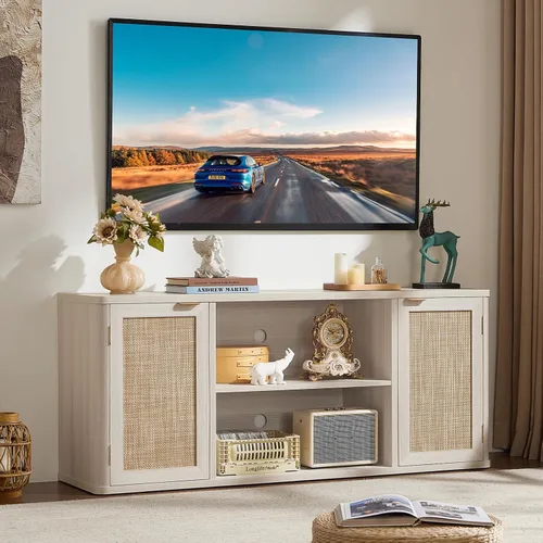 LEYAOYAO Soportes de TV de ratán para sala de estar, gabinete de TV bohemio con almacenamiento y estante abierto, centro de entretenimiento de
