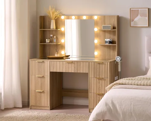 Miniatura 11 de AMERLIFE Escritorio estriado de 47.2 pulgadas con espejo y luces LED ajustables, mesa grande de tocador de maquillaje con 7 cajones con parte Negro