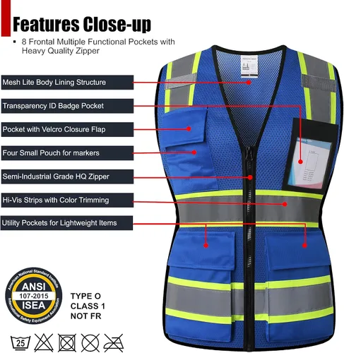 Miniatura 2 de Chaleco de seguridad para mujer, chaleco de alta visibilidad con 8 bolsillos y cremallera frontal, chaleco reflectante de malla que cumple