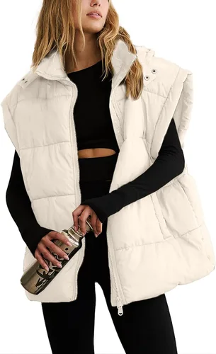 Shiyifa Chaleco acolchado para mujer, chaqueta de gran tamaño, sin mangas, ligera, con cremallera, con capucha desmontable