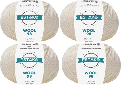 Miniatura 29 de Estako Lana 98 100% Lana Merina Superwash Lana Media Lana Lana Suave Tejido y Crochet Hilo 1.76 oz (50gr) 98 yds (295.3 ft) (6147 - Off White)