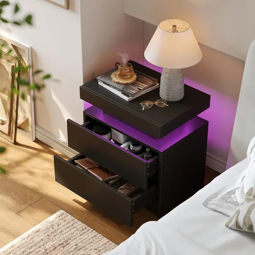 Miniatura 4 de Mesita de noche LED negra moderna con 2 cajones para mesa auxiliar de dormitorio