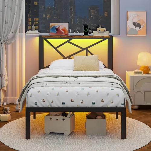 Miniatura 5 de ChicZhiNest Armazón de cama de metal negro tamaño twin con estación de carga USB, iluminación ambiental LED y cabecera de almacenamiento de madera