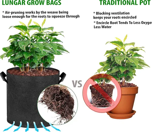 Miniatura 2 de Bolsas de cultivo LUNGAR 10 galones. Juego de 5 macetas para plantar, tela de aireación más gruesa de 300G, no tejida, asas reforzadas para maceta