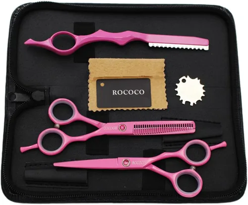 ROCOCO Tijeras profesionales de corte de pelo rosa de 5.5 pulgadas y tijeras de adelgazamiento del cabello con maquinilla de afeitar para peluquería
