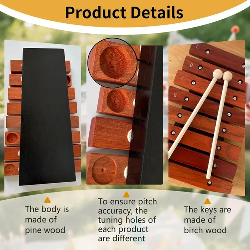 Miniatura 3 de Xilófono de madera de 8 notas con 2 mazos de madera, Glockenspiel de madera, regalo de cumpleaños, herramientas musicales, perfecto