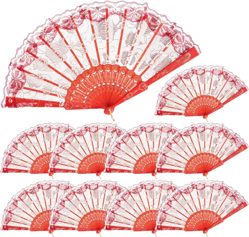 Miniatura 10 de QIRMIZI 30 abanicos de mano plegables de seda, abanicos de seda, abanicos de rosa profundo, perfectos para bodas, fiestas y bailes, rosa oscuro