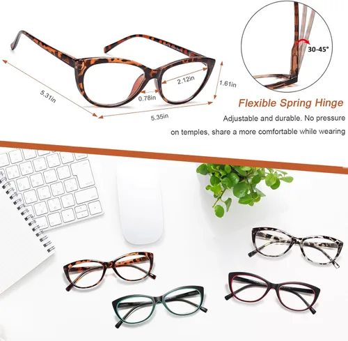 Miniatura 4 de EYEURL Lentes de lectura con diseño de ojo de gato para mujer, bloqueo de luz azul, paquete de 4 unidades, para lectura a la moda, antifatiga