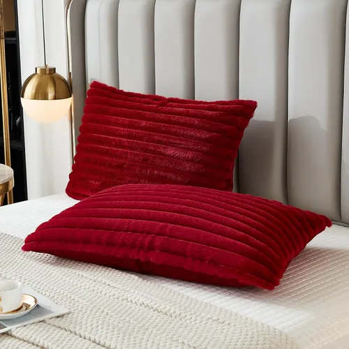 Miniatura 23 de Juego de 2 fundas de almohada para cama tamaño king, fundas de cojín rectangulares lumbares con diseño de rayas, forro de piel de conejo sintética