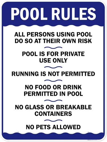 Miniatura 18 de Letrero de reglas de la piscina, «Swim at Your Own Risk, This is a Private Pool, No Food No Runing, No Glass, No Pets – Cartel de piscina, 10 x 14
