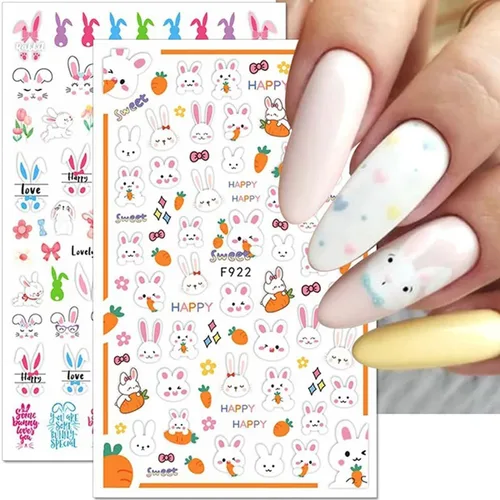 Miniatura 4 de 8 hojas de calcomanías de arte de uñas de conejo de Pascua, 3D, autoadhesivas, accesorios de arte de uñas, caricaturas, conejos, animales