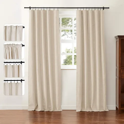 Miniatura 19 de ChadMade Cortina reductora de luz con bolsillo para barra, cortina de mezcla de lino y algodón para oficina, 96 pulgadas de largo, con pestaña Beige