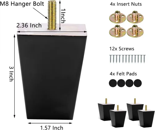 Miniatura 4 de Michanco Juego de 4 patas de sofá negras de 3 pulgadas, patas cuadradas de madera para muebles de sofá, sofá otomano