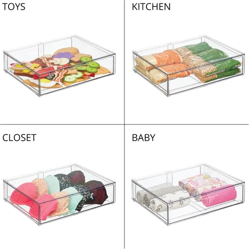 Miniatura 6 de mDesign Contenedor organizador de almacenamiento de baño apilable de plástico ancho con cajón extraíble para gabinete, tocador, estante, armario