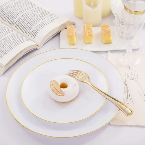 Miniatura 8 de Liacere 175 piezas de platos de plástico blanco y dorado - El juego dorado incluye 50 platos de plástico, 25 tenedores, 25 cucharas, 25 cuchillos