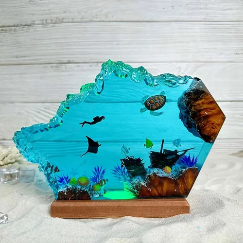 Miniatura 9 de Drawelry Lámpara creativa de luz de madera de resina epoxi, hecha a mano, con forma de onda profunda, lámpara de océano acuático profundo, buceador