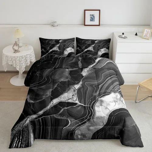 Miniatura 22 de Juego de edredón de mármol negro individual, ropa de cama dorada agrietada para adultos, hombres y mujeres, juegos de edredón de textura metálica