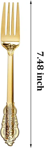 Miniatura 8 de WDF 100 tenedores dorados desechables, tenedores de plástico dorado de 7.48 pulgadas, cubiertos de plástico barroco para pastel de postre