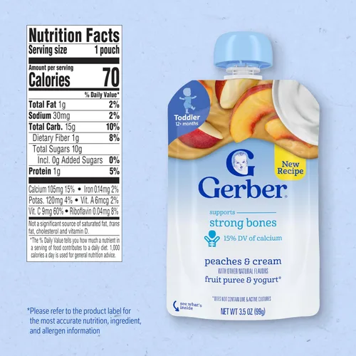 Miniatura 2 de Bolsas de comida para bebé Gerber, para niños de 12 meses o más, fruta y yogur de durazno y crema, 3.5 onzas (paquete de 12)
