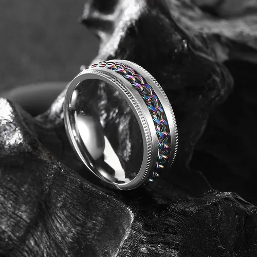 Miniatura 112 de King Will - Anillo antiestrés de acero inoxidable 316L para hombres y mujeres, con cadena decorativa giratoria, 8 mm de ancho, anillo de boda