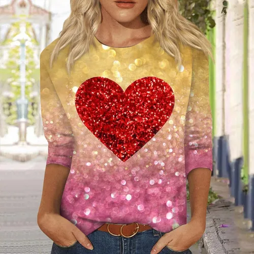Miniatura 4 de Camisas de negocios para mujer, manga 34, estampado de día de San Valentín, cuello redondo, ropa de moda, camisas de vacaciones para mujer