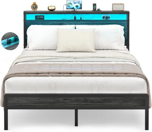 Miniatura 9 de Homieasy Armazón de Cama Full Size con Cabecero, Armazón de Cama Full de Metal Industrial con Estación de Carga y Luces LED, Cama Plataforma Sin