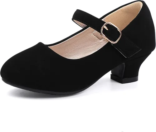 PANDANINJIA Zapatos de vestir para niñas, zapatos Mary Jane para niñas, tacones bajos para niñas pequeñas, flores, boda, fiesta, escuela