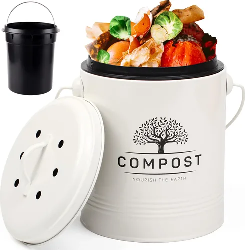 Perfnique Contenedor de compost de cocina, contenedor de compostaje para encimera de 1.3 galones con tapa, cubo de compost interior incluye forro