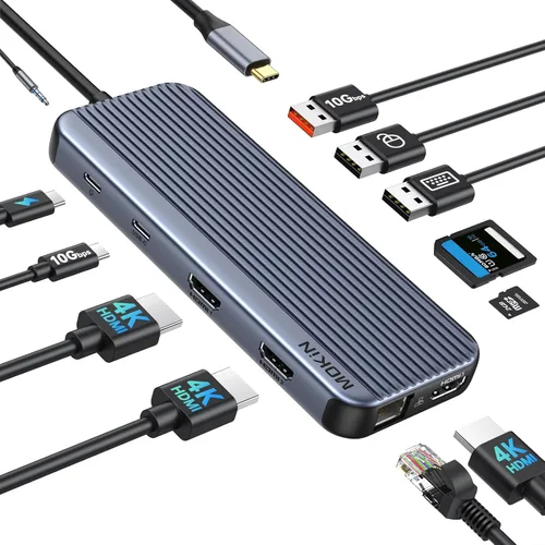 Estación de acoplamiento USB C 3 HDMI, estación de acoplamiento 12 en 1, pantalla triple, base para monitor doble, concentrador USB-C 3 HDMI para