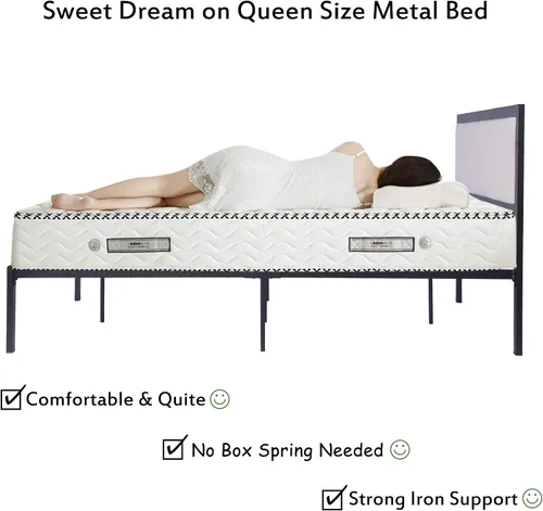 Miniatura 4 de LUCKYERMORE Base de cama de plataforma Queen de 12 pulgadas con cabecera beige, marco de cama de metal resistente con almacenamiento debajo