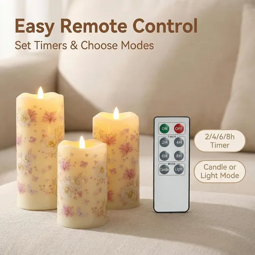 Miniatura 3 de Eywamage Velas de pilar de fibra óptica sin llama con control remoto, velas LED de resorte de mariposa floral parpadeantes para decoración