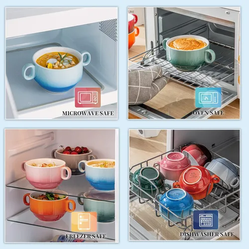 Miniatura 4 de LOVECASA Cuencos de Sopa Multicolor de 12 OZ con Asas, Cuencos Pequeños de Cerámica para Sopa de Cebolla Francesa, Mini Tazas de Sopa Cuencos