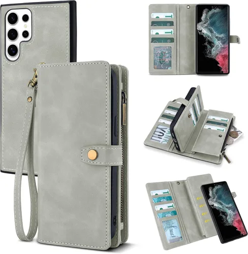 Miniatura 26 de TwoHead Funda tipo cartera para Samsung Galaxy S22 Ultra con tarjetero y funda magnética desmontable, funda de cuero con protección completa