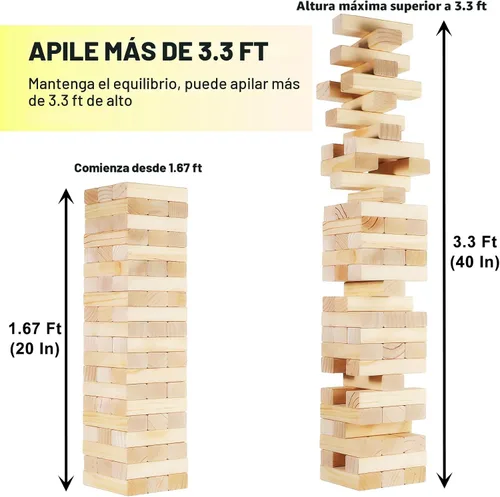 Miniatura 2 de Juego de Torre Tambaleante, Juegos al Aire Libre para Adultos y Niños, Más de 3.3 Pies, 60 Piezas Premium de Juegos de Apilamiento de Madera