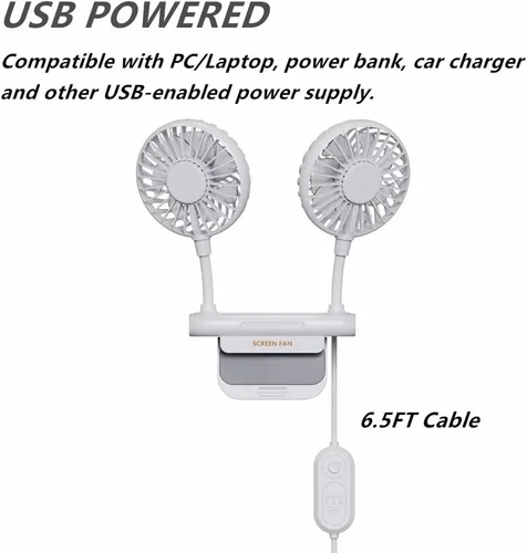 Miniatura 6 de Ventilador de monitor con 2 cabezales giratorios, 3 velocidades, abrazadera resistente, ventilador de refrigeración alimentado por USB para Blanco