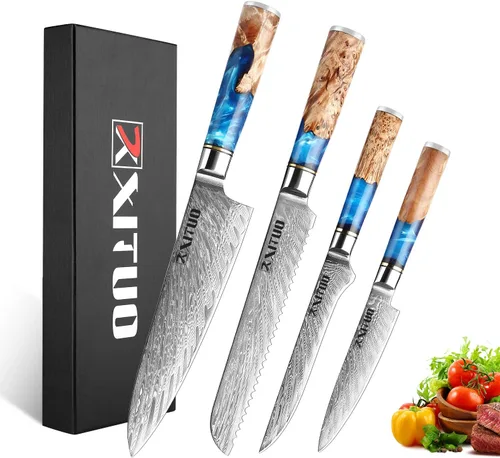 XITUO VG10 Juego de cuchillos de chef japoneses de acero Damasco de 4 piezas, resina azul y mango de madera, cuchillo de chef de 8 pulgadas,