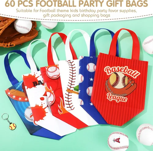 Miniatura 3 de Kigeli 60 bolsas de regalo de fiesta de béisbol, bolsas de regalo reutilizables no tejidas con asas, bolsas de dulces para fiesta de equipo, como se