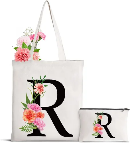 Miniatura 23 de Bolsa de lona con letra inicial personalizada, regalo para el día de la madre, damas de honor, novia, cumpleaños, boda Flower-D