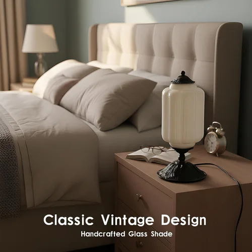 Miniatura 4 de Lámpara de mesa vintage de vidrio de leche con control táctil, elegante lámpara de noche de vidrio blanco regulable de 3 vías con puertos de carga